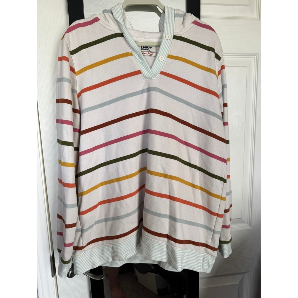 Lands' End Serious Sweats Hoodie Striped V Neck Pullover Top Size L 14-16